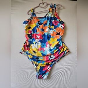 Aqua Eve-women'Blue and Orange Plus Size 20W One Piece Swimsuit with Halter Neck